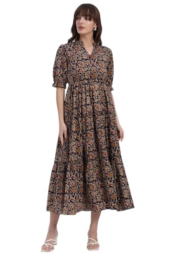 Image of Women's Fit and Flare Dress I Pure Cotton Long Summer Maxi Dress I V-Neck I Casual Wear I Printed Kalamkari Floral Middi
