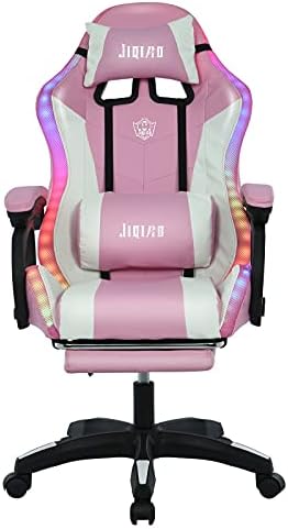 Gaming Chair with LED Light, High Back Racing Leather Chair, Computer Desk Office Chair, Swivel Ergonomic Executive Chair with Footrest t,45.2-48.4×25.1×25.1in,Pink