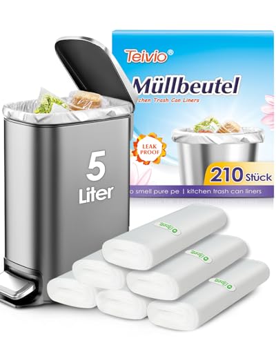 Teivio Kleine Müllbeutel 5L 210 Stück Dicke Transparente Kunststoffbeutel für Tretmülleimer Passend für 35L Mülleimer Ideal für Badezimmer Küche Büro