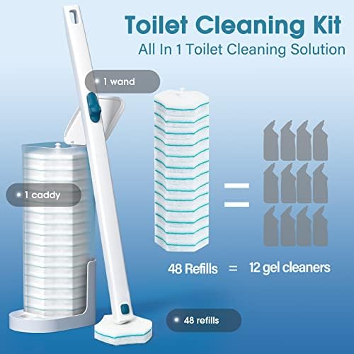 Toilet Wand Kit with 48 Refills, Disposable Toilet Bowl Brush Disposable Toilet Cleaning System Toilet Wand, Storage Caddy and 48 Toilet Brush Refill Cleaning Heads for Bathroom Cleaning