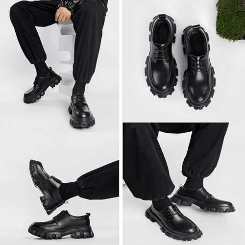 Men's Leather Platform Block Heel Oxfords Fashion Lace Up Round Toe Lug Sole Anti-Slip Business Dress Derby Shoes for Party Wedding Prom Work4