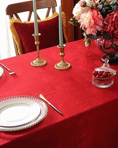 Nappe de table rectangulaire en velours rouge 140x200cm lavable nappe polyester pompon - 6