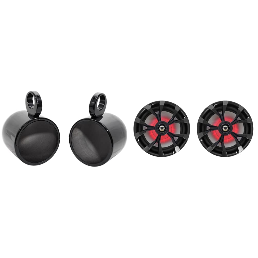 Rockville Pair MAC80B 7.7" Black Aluminum Wakeboard Tower Speaker Pod Enclosures & Pair RKL80MB 8" 900 Watt Black 2-Way Marine Boat Speakers W/LED's