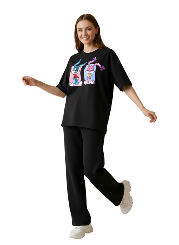 Image of My Swag Women Casual Nightwear Co-Ord Set | Soft Cotton T-Shirt & Pajama with Cartoon Print | Home Wear & Sleep Wear for Ladies