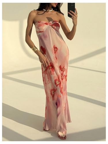 Image of SOLY HUX Women's Summer Floral Tube Dress Twist Front Strapless Vacation Beach Dresses Maxi Dress