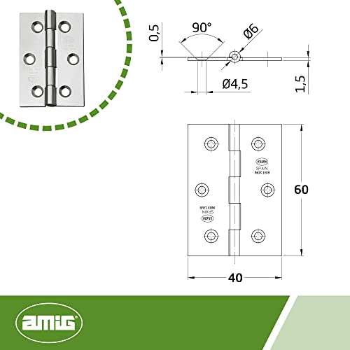 Amig | Packung mit 2 festen Scharnieren ohne Nickel | 60 x 40 mm | Modell 2002 | Edelstahl 18/8 | Quadratische Kanten | einfache Installation und Verwendung | Große Befestigung für Ihre Möbel | DIY