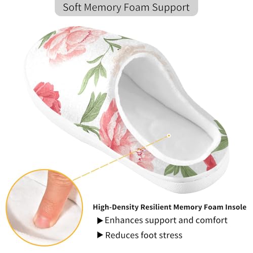 JUNZAN Cute Peonies White Womens Cotton House Slippers Non Skid Memory Foam Ladies Slippers for Indoor Funny Presents 6-72