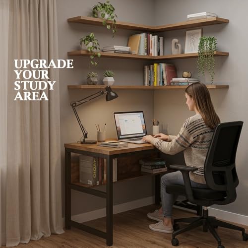 Image of Study Table for Home | with Under-Desk Storage Shelf | Wooden Industrial Computer Table for Home Office & Gaming | Rustic Wood & Black Metal Frame | Rustic Brown | 150x60x75 cm