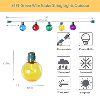 Vigdur Outdoor String Lights 21FT Patio Lights with 35 Shatterproof G40 Plastic Bulbs, Outside Hanging Light Waterproof for Porch Deck Garden Backyard Party