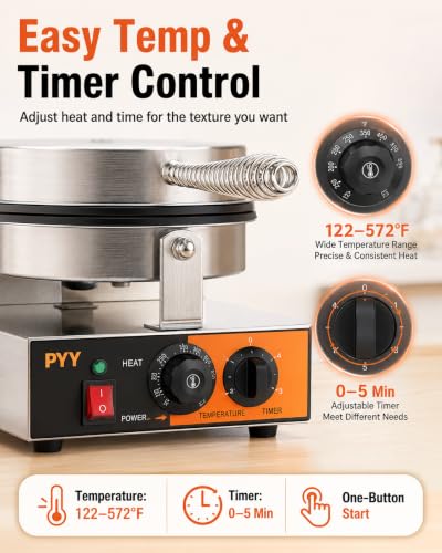 Image of PYY Commercial Waffle Cone Maker Machine, 1200W Ice Cream Cone Maker with Nonstick Plates, Adjustable Temperature & Timer, Stainless Steel Electric Waffle Cone Baker for Ice Cream Shops, Cafes & Home