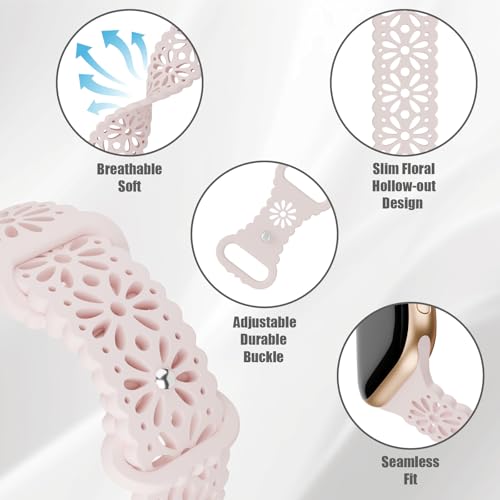 Image of 4 Pack Slim Lace Silicone Bands Compatible for Apple Watch 38mm 40mm 41mm 42mm 44mm 45mm 46mm 49mm, Thin Hollow-out Floral Breathable Strap for iWatch Series 11 /10 /9 /8 /7 /6 /5 /4 /3 /2 /1Ultra SE Women Men