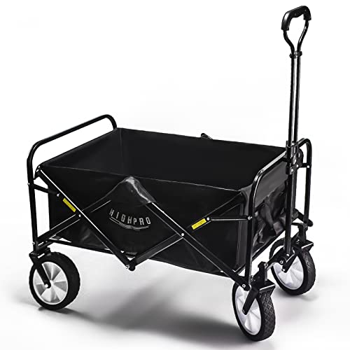 Highpro 400Lb Collapsible Wagon, Heavy Duty Utility Garden Cart, Foldable Portable 110L Large Capacity Stroller With 360° Wheels Adjustable Handle Drink Holders For Outdoor Beach Camp Grocery Laundry #TOP20