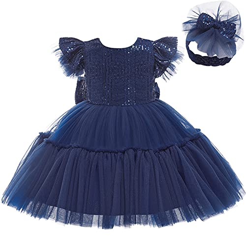 Formal Prom Pageant Wedding Christmas Girls Dresses A-Line Knee Length Tutu Ruffle Dress Princess Party Infant Baby Lace Dress 3-6 (Navy Blue 70) #TOP1