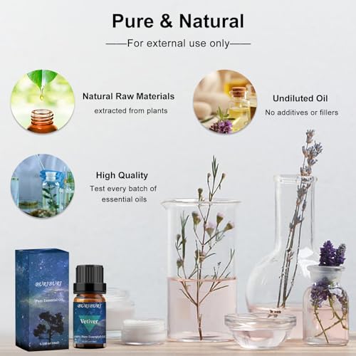 Image of BURIBURI Vetiver Essential Oil Organic for Diffuser, Skin, Candle Soap Perfume Making - 100% Pure, Undiluted, Natural, Aromatherapy Vetiver Oils 10ML