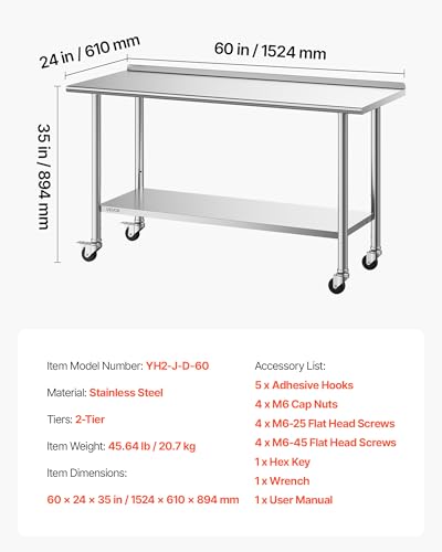 Image of VEVOR Stainless Steel Work Table, 24x60 Inch Food Prep Table with Backsplash, Commercial Kitchen Workstation with Adjustable Undershelf, Metal Heavy Duty Utility Worktable, for Restaurant Home Outdoor