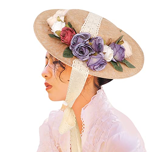 Girls Women Victorian Tea Party Sun Hat Costume Small Flat Top Hat with Flower Purple