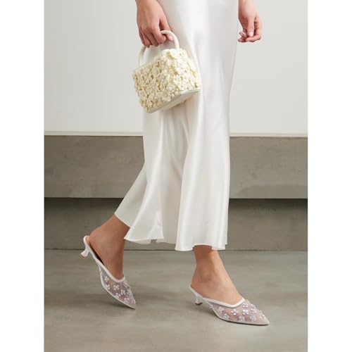 Image of Women Kitten Heel Mules Crystal Flower Decor Mesh Pointed Toe Low Heel Casual Pumps