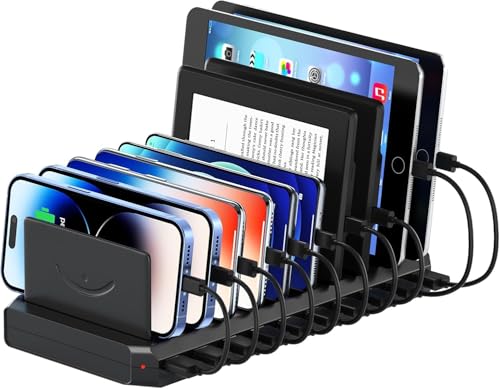 Image of Multi Charging Station, 10-Port USB Charger for Multiple Device with SmartIC Tech and Adjustable Dividers, Organizer Stand Compatible with iPad, Tablet, Kindle, iPhone Speakers (10Port USB)