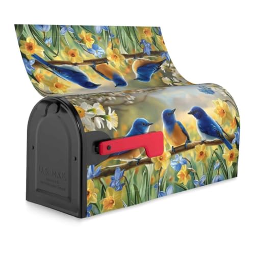 Image of Spring Summer Flowers Magnetic Mailbox Covers Standard 18 X 21 Inch Blue Birds Daffodils Floral Mailbox Cover Waterproof Post Wraps Spring Mailbox Cover for Garden Yard Home Decoration