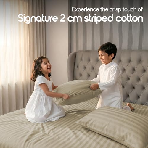 Image of LINENWALAS Cotton 300 Thread Count King Size Bedsheet Set | 2 cm Sateen Stripe Design | Cloud-Soft, Breathable & Skin-Safe | Oeko-TEX Certified Hotel-Style Bedding (108 x 108, Pearl)