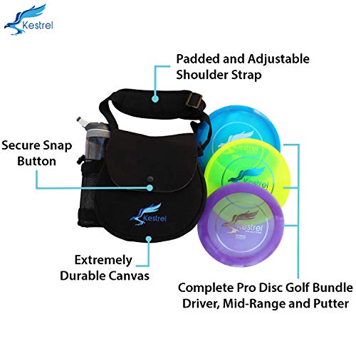 Kestrel Discs Golf Pro Set | 3 Disc Pro Pack Bundle + Black Bag | Disc Golf Set | Includes Distance Driver, Mid-Range and Putter | Small Disc Golf Bag (Black)