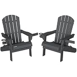 Shintenchi Folding Adirondack Chairs Set of 2,HDPE All-Weather Patio Chairs with Cup Holder & Phone Holder,Wooden Textured Fire Pit Chairs for Patio,Outside,Deck,Backyard,Dark Grey