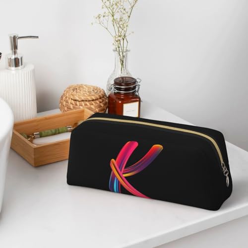 Image of Cute Initial Pencil Case for Kids Simple Leather Pencil Pouch for Boys Girls Letter Design Pencil Box Pen Bag Pencil Pouch Office Stationery Organizer, Rainbow Letter K