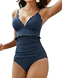 Charmo Tummy Control Cute Ruffle 1 Piece Swimsuit Women Ribbed Ruching Cut Out Bathing Suit Navy Blue L