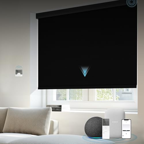 Kerxwerd Motorized Blinds Compatible with Alexa Google 100% Blackout Smart Blind Automatic Window Roller Shades Remote Control Custom Size Farbic Black