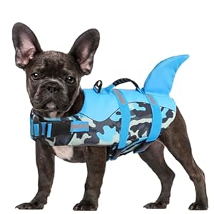 Schwimmweste Hunde Hai, Leicht und Sicher für Wassersport, hundeschwimmweste mit Griff und Reflektierend für Kleine Mittlere und Große Hunde, Blau Tarnung, S