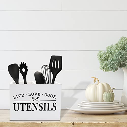 Karisky Kitchen Utensil Holder for Countertop, Farmhouse Solid Wood Utensil Caddy with Removable Bottom, Large 2 Compartments Cooking Utensil Silverware Organizer for Kitchen Counter, White