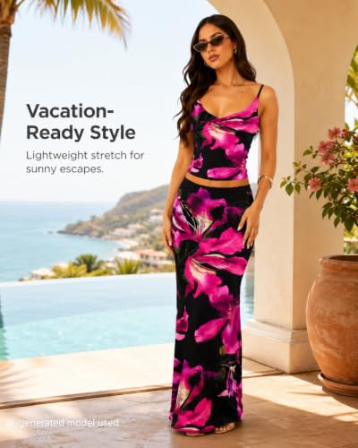 Image of Two Piece Skirt Set Women Maxi Long Skirt and Top Outfit | Soft stretchy 5 pc, slim bodycon, adjustable spaghetti straps, ruched crop tank, elastic waist, going out, beach vacation