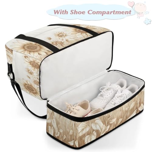 Travel Duffel Bags Vintage Sunflower Prints Foldable Weekender Bags for Women with Shoes Compartment Waterproof & Tear Resistant Carry on Overnight Luggage Duffel Bag Shoulder Sports Tote Bag4