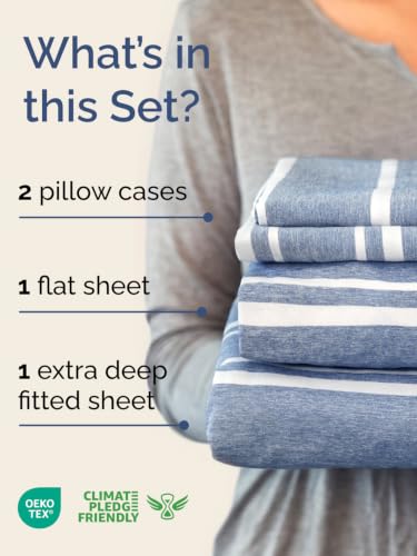 Image of Extra Deep Pocket Full Size Sheet Set - Breathable & Cooling - Blue Stripes