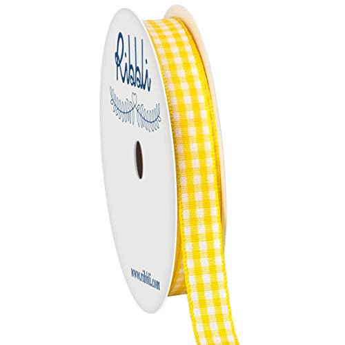 Ribbli Yellow and White Gingham Ribbon,100% Polyester Woven Edge,3/8 Inch x 10 Yard,Plaid Ribbon Use for Gift Wrapping,Party Decoration