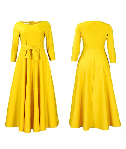 Image of SEMATOMALA Women's A Line Self Tie Waist Maxi Dress Round Neck Long Sleeve High Waist Plus Size Swing Flare Long Dresses