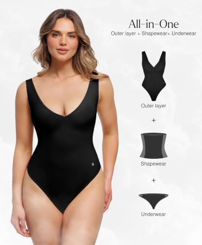 Image of Popilush Shapewear Bodysuit Plunge Deep V Neck Backless Going Out Tank Tops