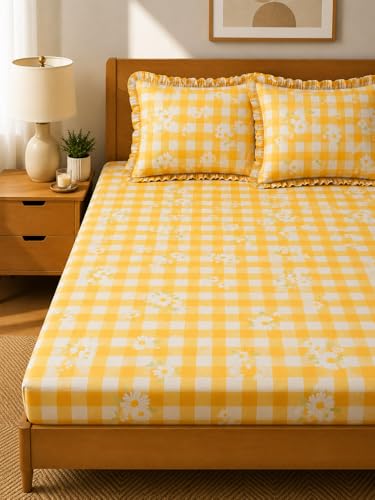 Image of King Size Fitted Bedsheet for Double Bed | 300 TC Cotton Feel Microfiber | All Around Elastic with 2 Frill Pillow Covers | Soft & Durable | (YellowCKFrill, Fitted - 72 x 78 Inch King)