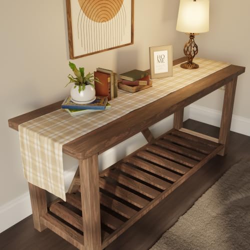 Image of Encasa XO Cotton Table Runner for 4 to 6 Seater | Size 13x72 in | Franca Beige Checks - Machine Washable & Durable