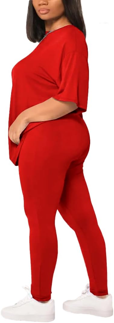 Women's Plus Size 2 Piece Outfits Summer Sweatsuits Drop Shoulder Tracksuits Biker Short Workout Jogger Sets Red-2XL - Image 4
