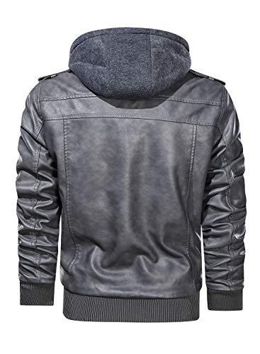 Image of HOOD CREW Men's Casual Stand Collar PU Faux Leather Zip-Up Motorcycle Bomber Jacket With a Removable Hood