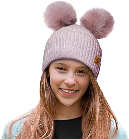 4sold Ribbed Striped Thermal Insulating Bobble Funny Beanie Baby Kids Girls Boys Hat Wool Knitted with Pom Pom Winter Warm SKI Snowboard Hats