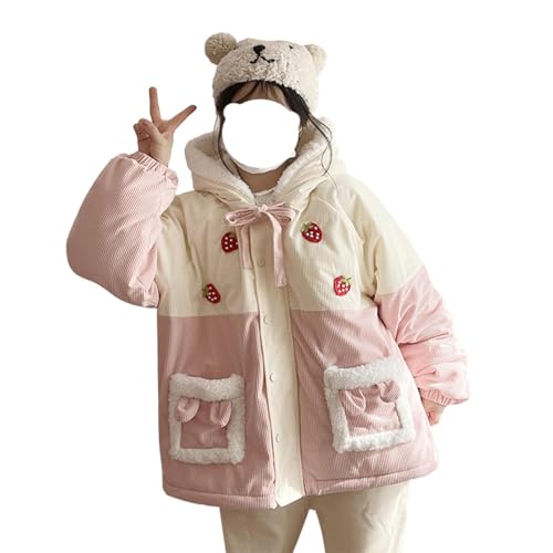 Women's Winter Corduroy Jacket Teen Girls Outerwear Warm Cute Strawberry Zipper Fleece Fuzzy Hooded Coat