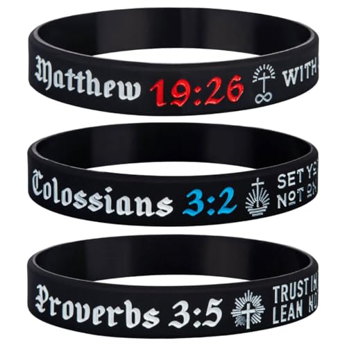 Sainstone Power of Faith Christian Bible Verse Silicone Bracelets - Matthew 19:26, Colossians 3:2, Proverbs 3:5 - Religious Scriptures Motivational Wristbands Church Gifts for Men Women (Unisex)