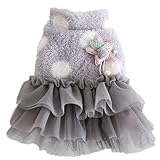 ICOUCHI かわいい ペット服 ドレス 犬服 ワンピース 秋冬 ボア ふわふわ ドッグウェア チュール 袖なし 防寒 暖かい 小型犬 中型犬 女の子 スカート 犬猫洋服 クリスマス 着物 お散歩お出かけ (S,グレー・水玉)