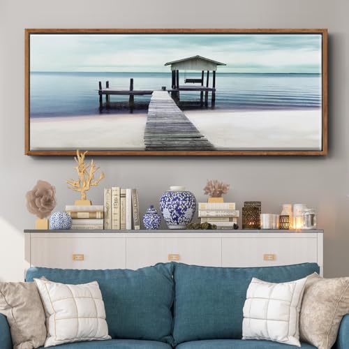 Renditions Gallery Floater Frame Paintings The Dock with a Porch Swing at Beach Nature Wall Hangings for Bedroom Kitchen Office - 20"x50" Walnut Frame LT614 by Renditions Gallery - Used condition - Image 4