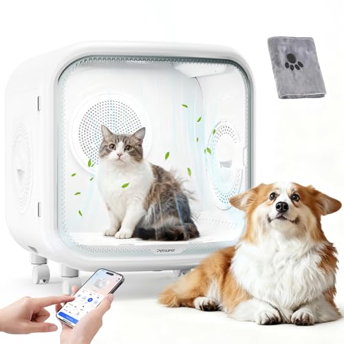 Upgrade 75L Large Automatic Cat Dryer Box with Pet Towel -360 Rapid Drying and APP Control Smart Safe Temperature & Overheat Protection Ultra-Quiet & Grooming Box for Cats and Small Dogs