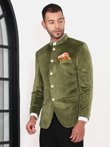 Image of MANQ Men Slim Fit Bandhgala Velvet Blazer - Mandarin Collar, Button Closure, Long Sleeves, Solid Ethnic Winter Wear with Three Pockets for Adults