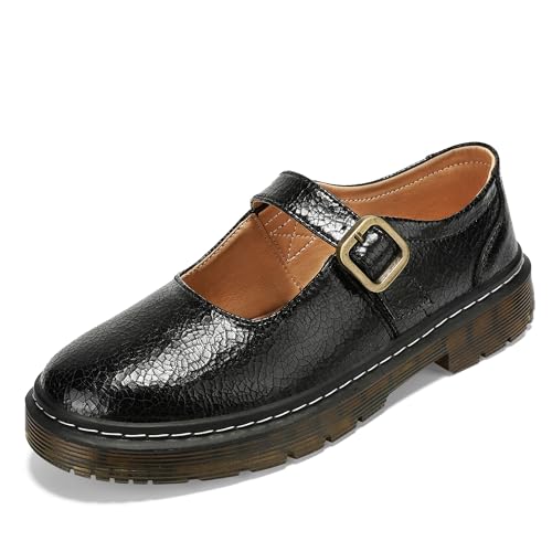 Image of Women's Mary Jane Flat Shoes Comfort Platform Buckle Ankle Strap Flats Breathable Slip On Lightweight Office Work Shoes Black,8 US