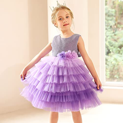 Gripooaven Elegant Girls' Special Occasion Dress Multi-Layer Tulle Mesh Ruffle Sleeveless Dress Flower Girl Party Dress Purple 110Cm #TOP5